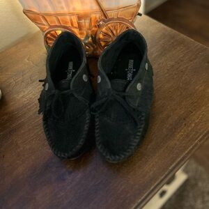 Black Suede Moccasins with Fringe Minnetonka